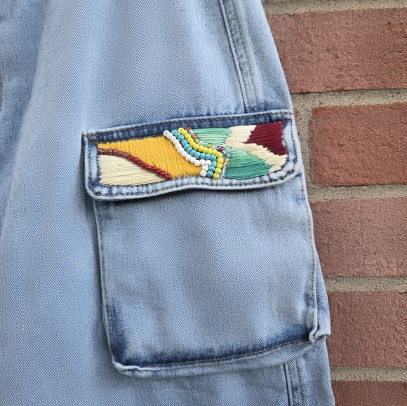 Beaded Pockets Cargo Wide Leg Jeans Light Wash Y2K Waist 30 - Picture 6 of 8